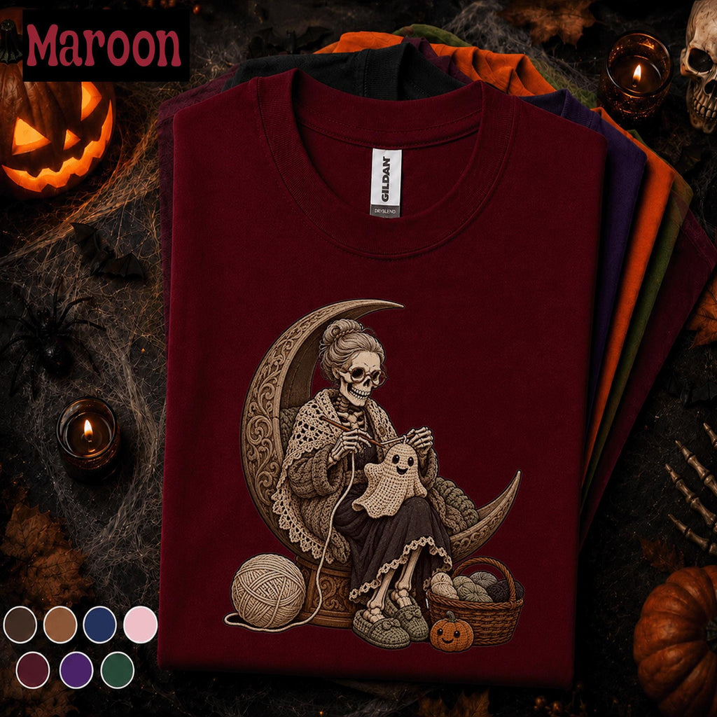 Skeleton Crochet Halloween Shirt, Gothic Yarn Lover Tee, Spooky Crochet Ghost Gift, Crescent Moon Knitting Shirt, Witchy Fiber Art Tee