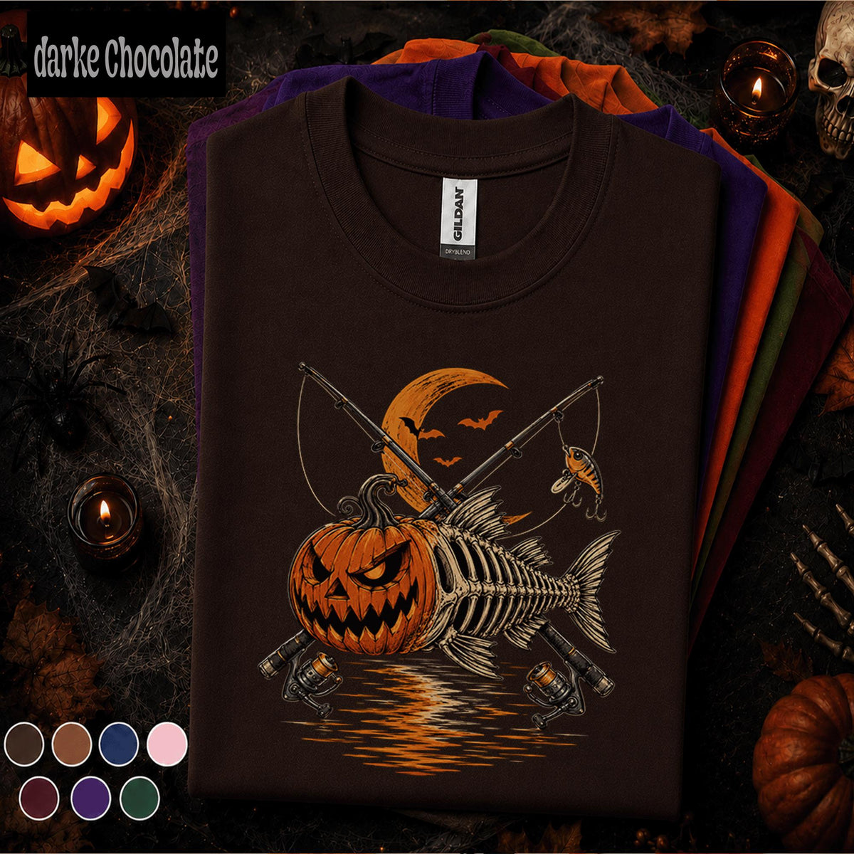 Halloween Fishing Shirt, Pumpkin Fish Skeleton Tee, Spooky Fisherman Shirt, Jack O Lantern Fishing Gift, Angler Halloween Tee