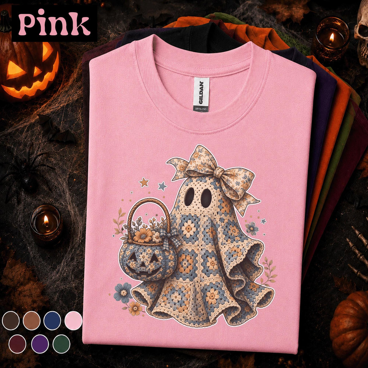 Crochet Ghost Halloween Shirt, Granny Square Ghost Tee, Cute Floral Pumpkin T Shirt, Cottagecore Spooky Season Gift for Women Girls
