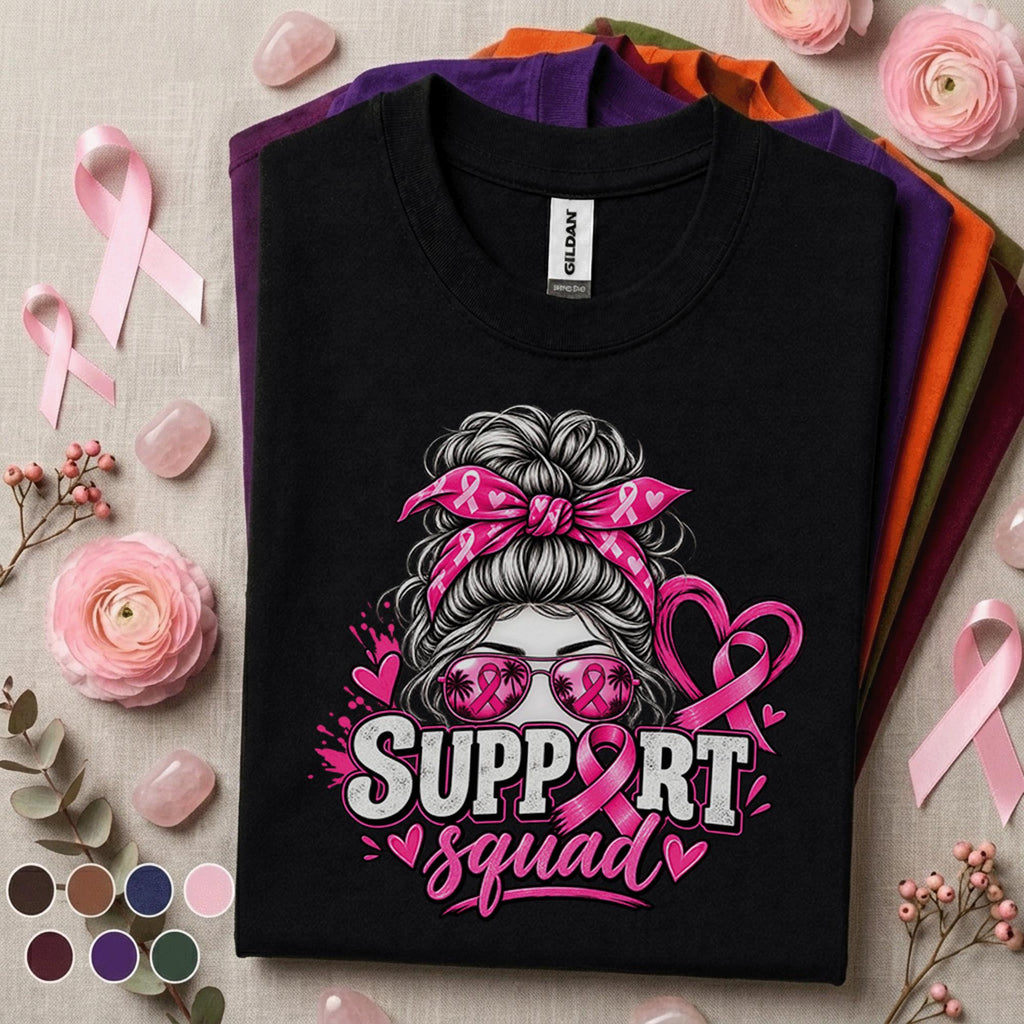 Breast Cancer Awareness Shirt, Support Squad Pink Ribbon Tee, Messy Bun Supporter Shirt, Pink October Cancer Fighter Family Gift