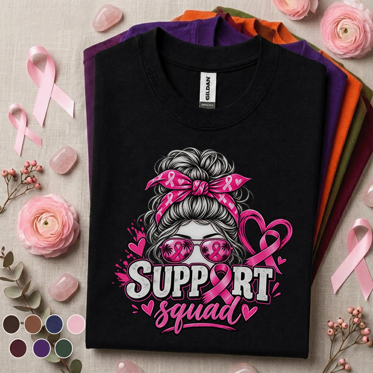 Breast Cancer Awareness Shirt, Support Squad Pink Ribbon Tee, Messy Bun Supporter Shirt, Pink October Cancer Fighter Family Gift