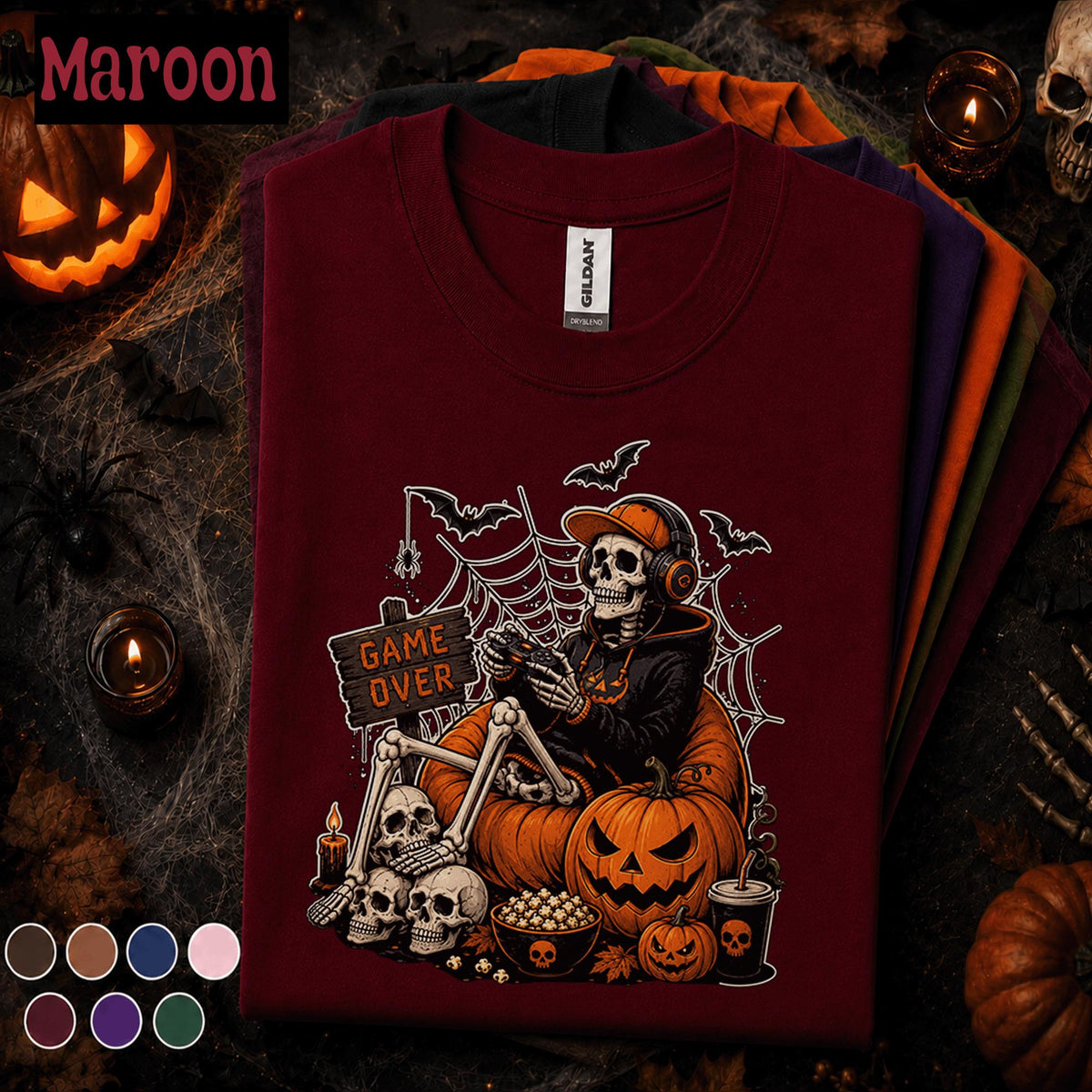 Halloween Gamer Shirt, Game Over Skeleton Tee, Spooky Gaming Tshirt, Pumpkin Gamer Gift, Retro Video Game Halloween Costume Kids Youth Boy