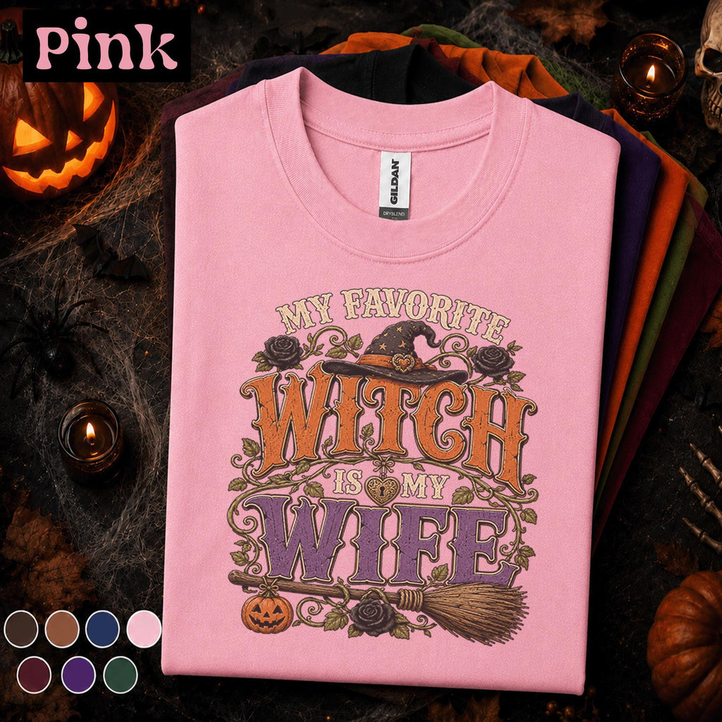 My Favorite Witch Is My Wife Halloween Shirt, Funny Husband Wife Tee, Spooky Witch Gift for Spouse, Vintage Halloween Couples Shirt