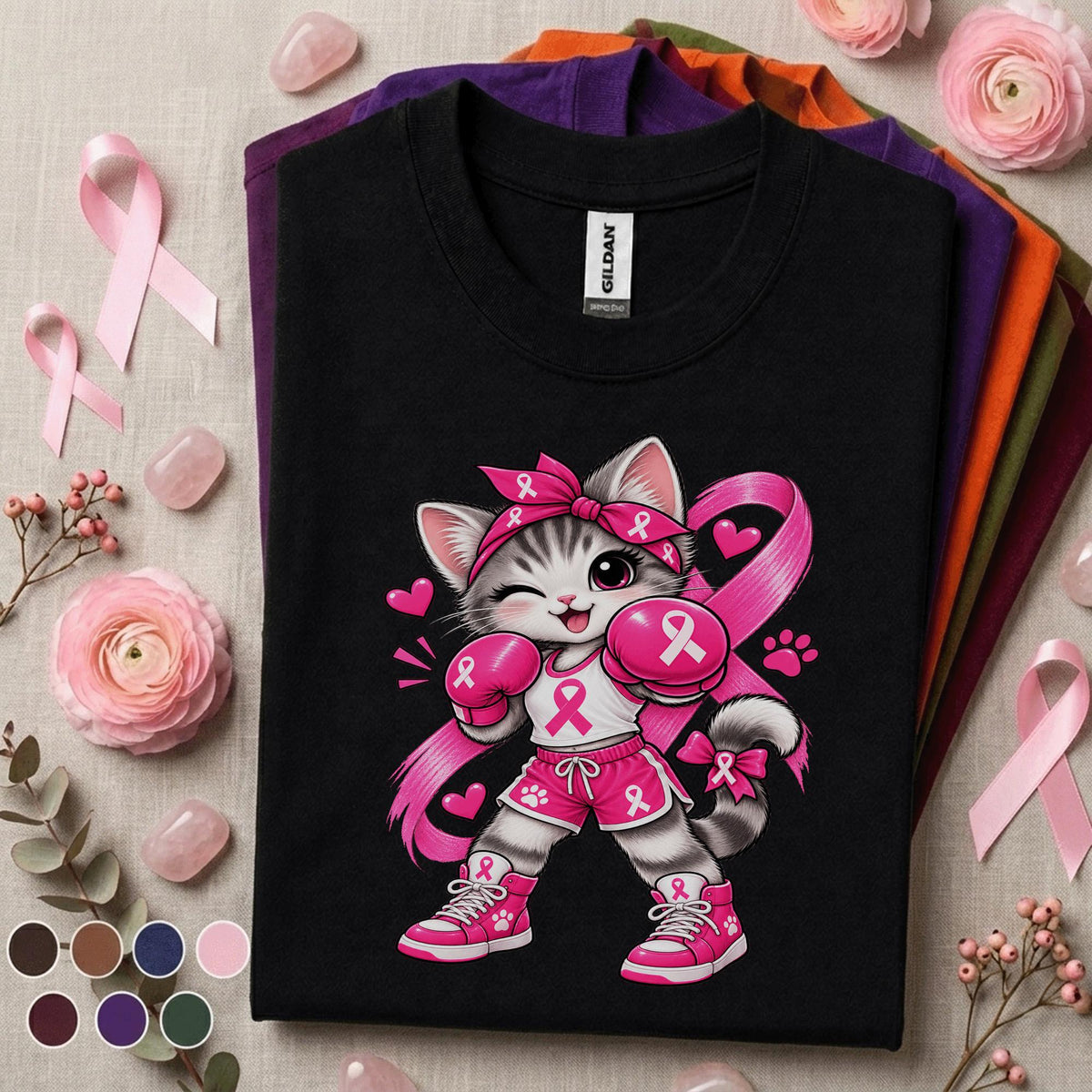 Breast Cancer Awareness Shirt, Cute Boxing Cat Pink Ribbon Tee, Cancer Fighter Support Shirt, Pink October Warrior Gift for Women Tee