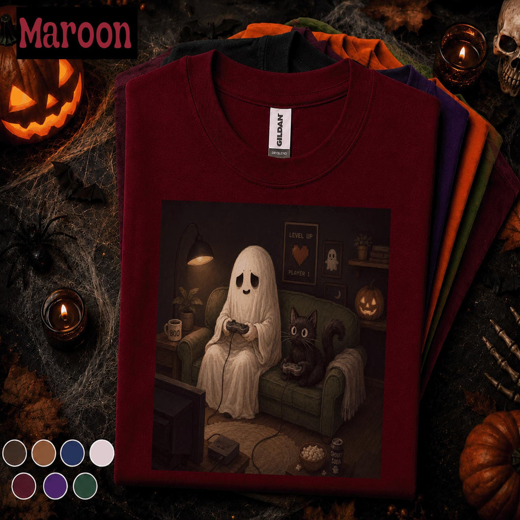 Ghost Gamer Halloween Shirt, Cute Gaming Ghost and Black Cat Tee, Cozy Spooky Season Shirt, Retro Gamer Halloween Gift Tee