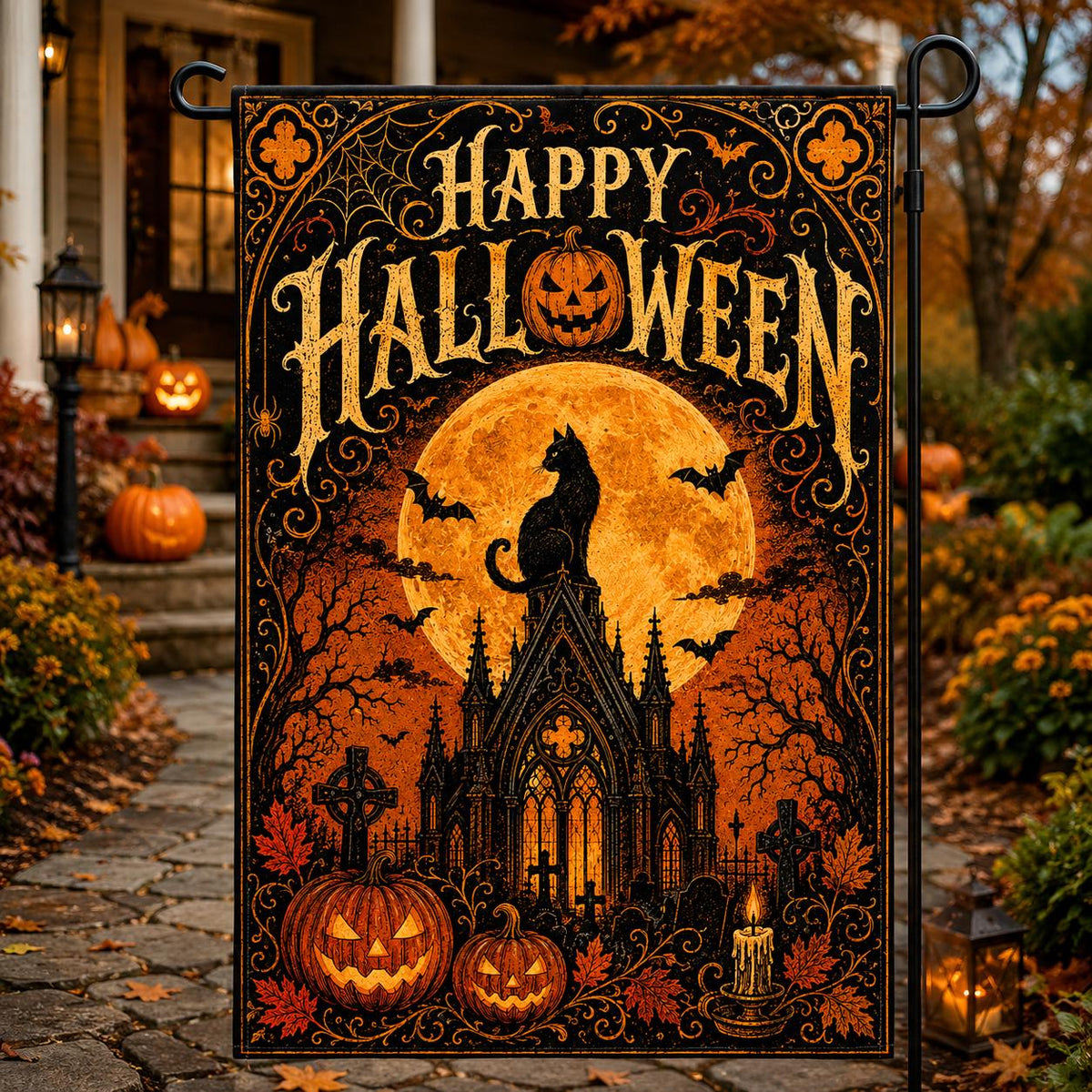 Black Cat Halloween Garden Flag, Gothic Full Moon Yard Decor