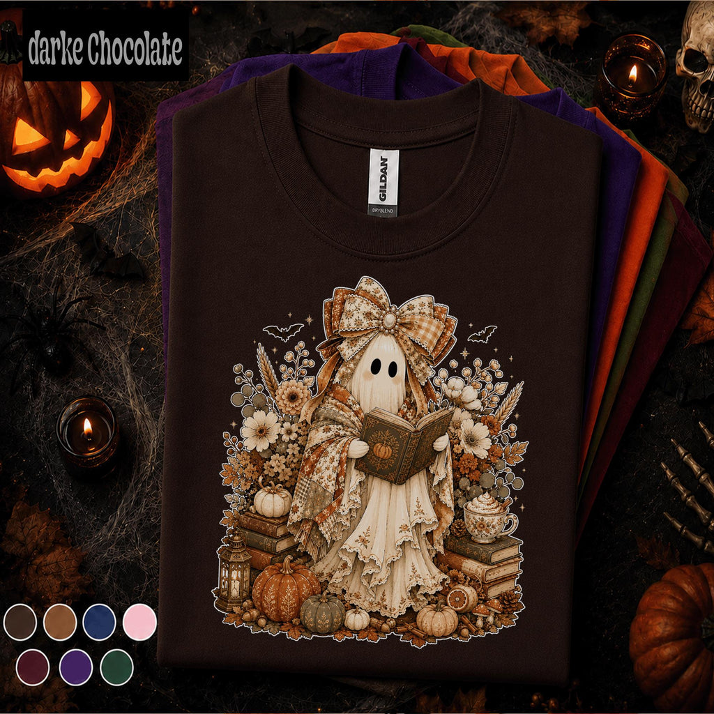 Cozy Reading Ghost Halloween Shirt, Book Lover Tee, Cottagecore Spooky Season Shirt, Cute Fall Reader Librarian Teacher Gift