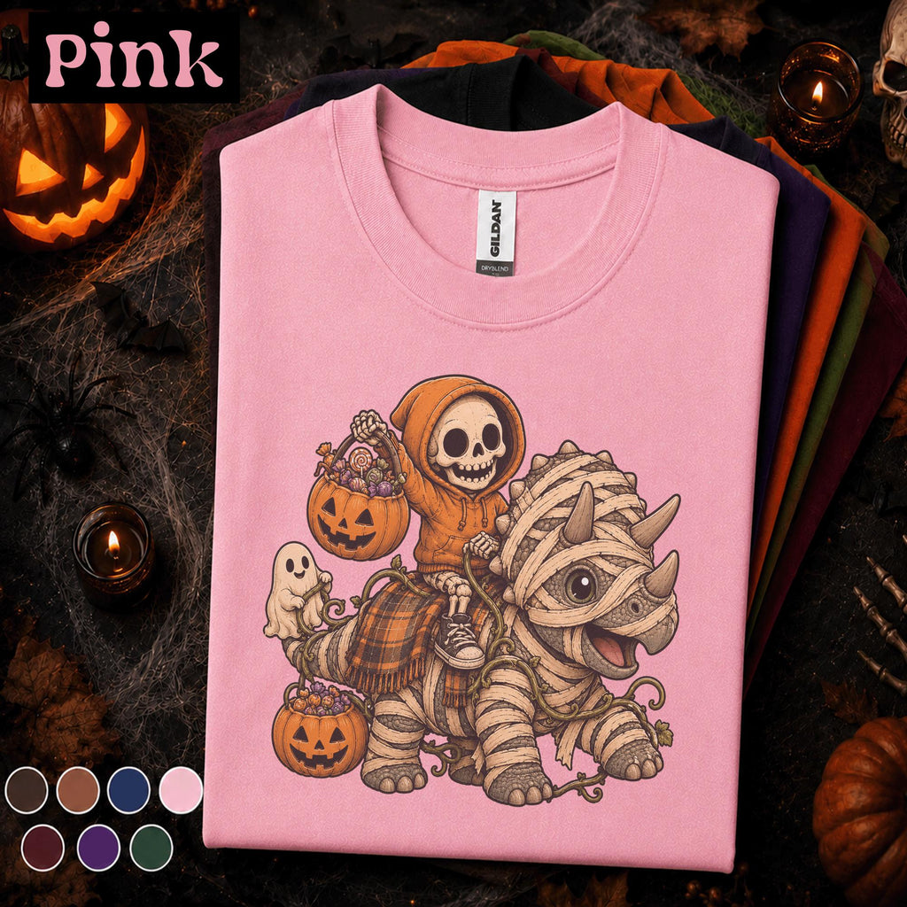 Cute Mummy Dinosaur Halloween Shirt, Skeleton Tee, Spooky Dino T Shirt, Pumpkin Ghost Fall Gift, Kids Youth Boys Halloween Top