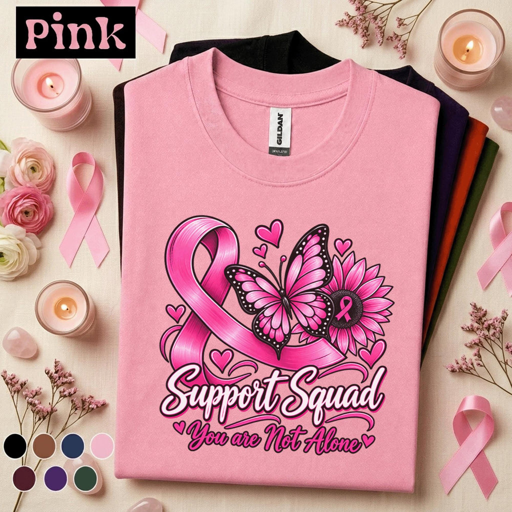 Breast Cancer Awareness Shirt, Support Squad Pink Ribbon Tee, You Are Not Alone Shirt, Butterfly Cancer Fighter Support Gift for Women