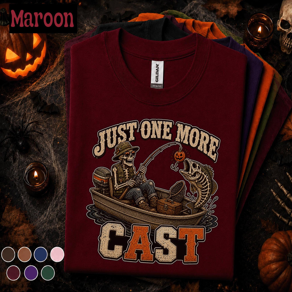 Just One More Cast Halloween Fishing Shirt, Skeleton Fisherman Tee, Spooky Angler Gift, Pumpkin Lure Fishing Tee, Funny Fall Fishing Shirt