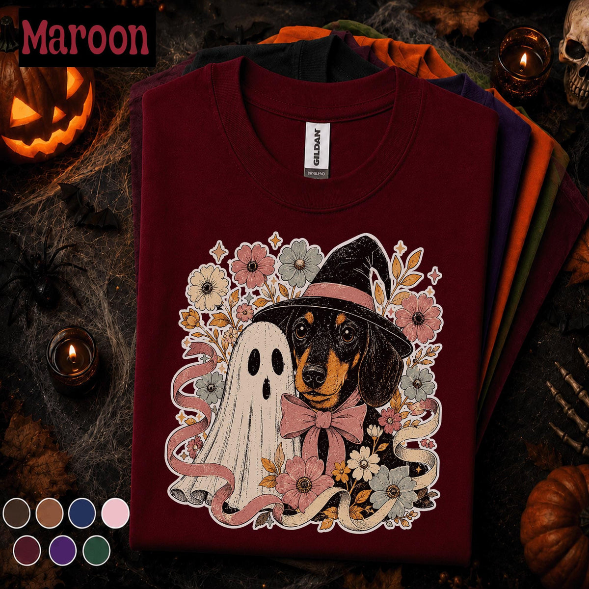 Halloween Dachshund Shirt, Ghost Dog Tee, Witchy Wiener Dog Tshirt, Spooky Floral Dog Lover Gift, Cute Halloween Pet Shirt
