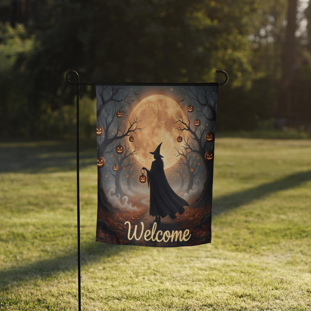 Witch Halloween Garden Flag with Pumpkin Lantern and Blood Moon, Spooky Welcome Yard Decor, Gothic Fall Outdoor Sign for Haunted House Vibes