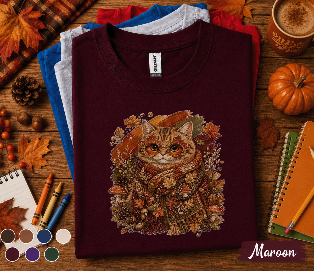 Cute Fall Cat Shirt, Cozy Autumn Kitten with Leaf Glasses Tee, Cottagecore Cat Lover T-Shirt, Pumpkin Season Thanksgiving Gift
