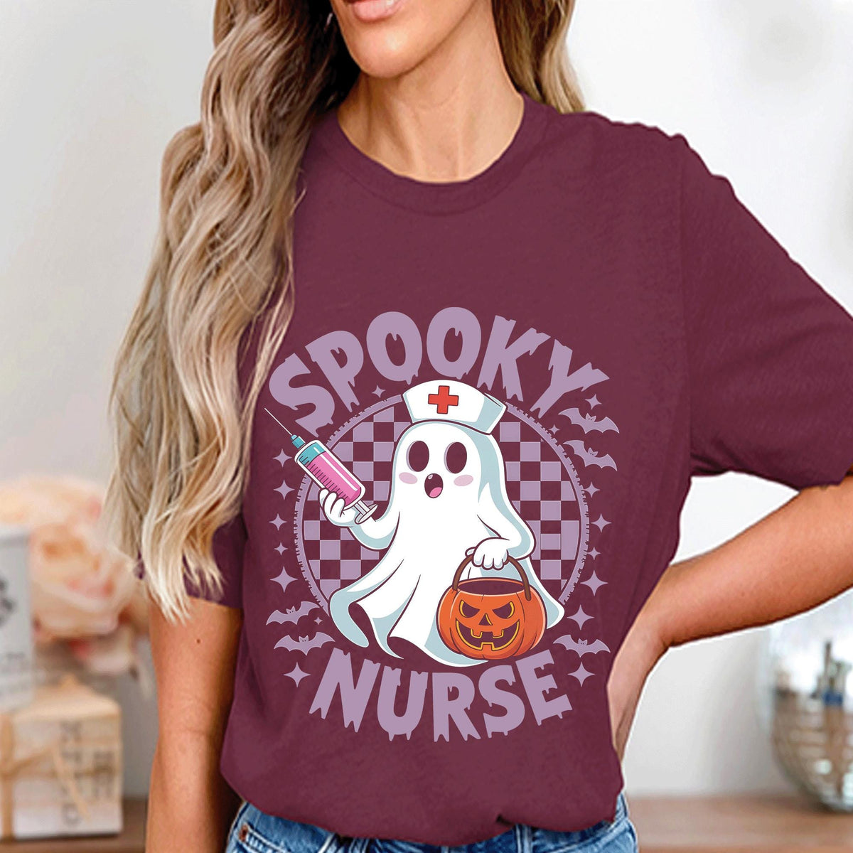 Spooky Nurse Shirt Funny Halloween Nurse Tee With Pumpkin Syringe Costume Outfit Cute Ghost Medical Shirt For Healthcare, Nurse Halloween