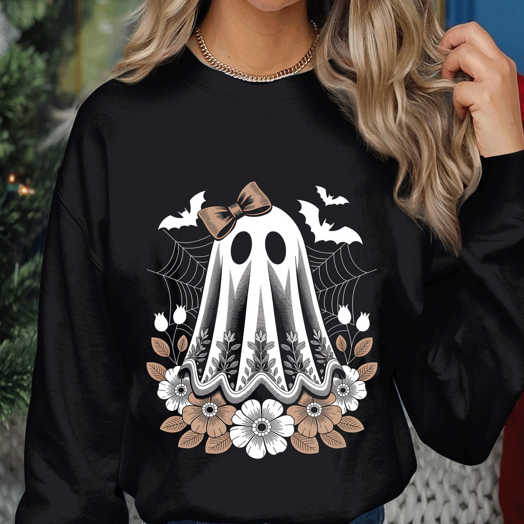 Ghost Halloween Shirt, Floral Spooky Cute Spirit Tee, Aesthetic Witchy Bow Haunted Season Top, Gothic Halloween Shirt, Halloween Sweatshirt