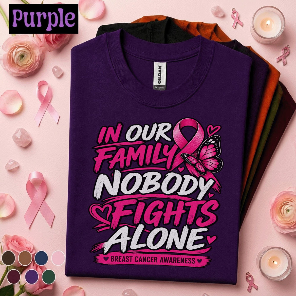 Breast Cancer Awareness Shirt, Nobody Fights Alone Family Tee, Pink Ribbon Butterfly Shirt, Support Squad Gift for Women Pink October