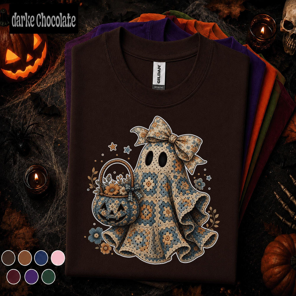 Crochet Ghost Halloween Shirt, Granny Square Ghost Tee, Cute Floral Pumpkin T Shirt, Cottagecore Spooky Season Gift for Women Girls