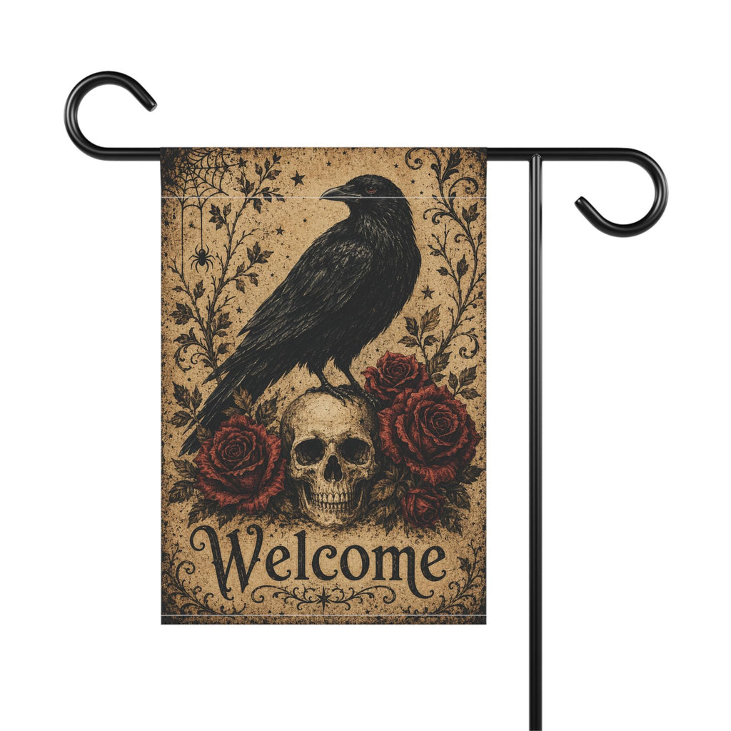 Halloween Garden Flag, Gothic Raven Skull Decor, Red Rose Yard Flag, Spooky Welcome Sign, Vintage Halloween Porch Outdoor Decoration