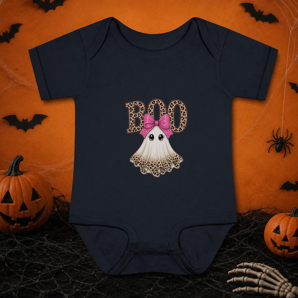 Leopard Ghost Baby Bodysuit, Pink Bow Halloween Outfit, Boo Infant Shirt, Girly Spooky Newborn Gift, First Halloween Baby Costume
