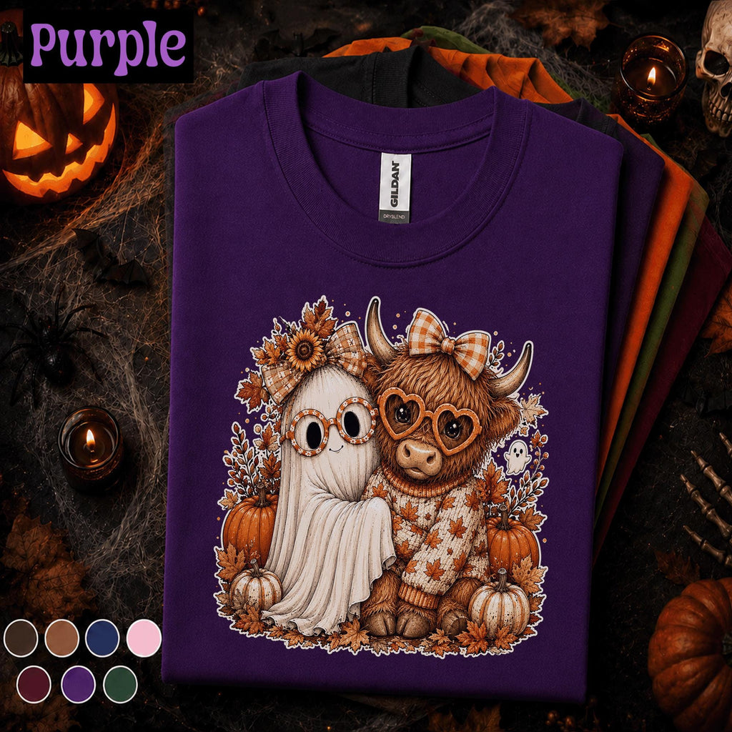 Cute Ghost Halloween Shirt, Highland Cow Fall Tee, Pumpkin Autumn Tshirt, Cozy Spooky Season Shirt, Cute Halloween Gift Tee
