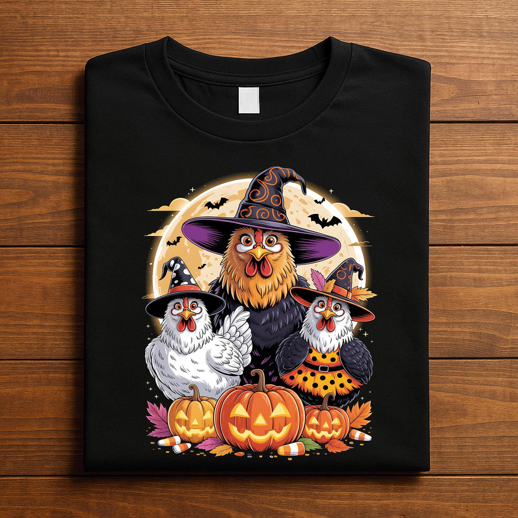 Chicken Family Halloween Shirt, Witch Hen with Pumpkins Tee