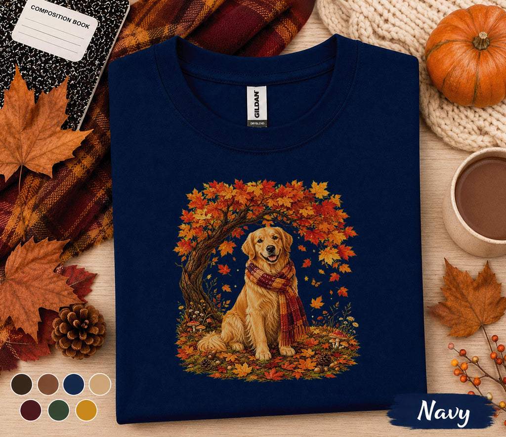 Golden Retriever Fall Shirt, Cozy Autumn Dog Tee, Golden Retriever Pumpkin Sweatshirt, Fall Leaves Scarf Puppy Shirt, Thanksgiving Pet Gift
