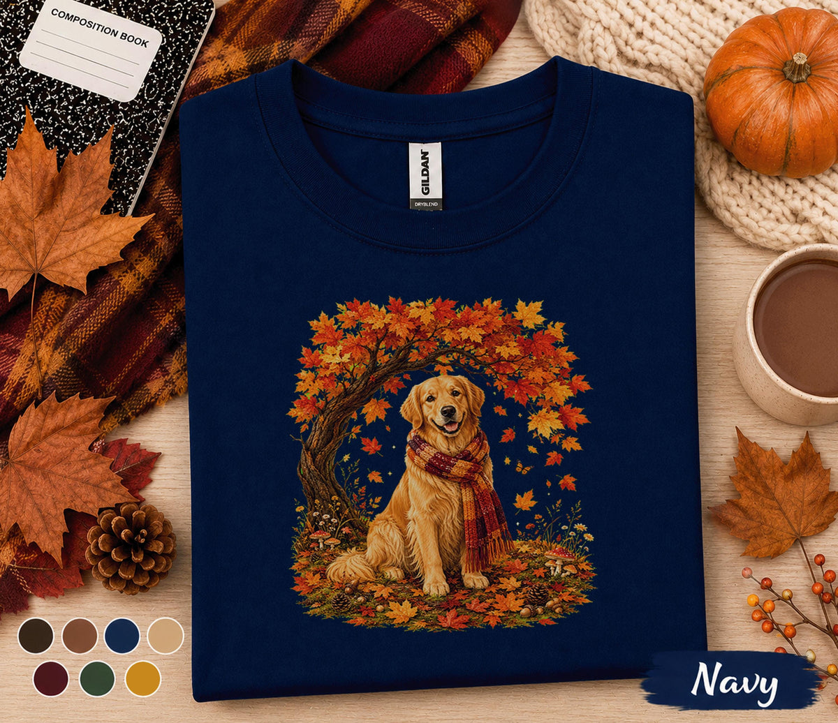 Golden Retriever Fall Shirt, Cozy Autumn Dog Tee, Golden Retriever Pumpkin Sweatshirt, Fall Leaves Scarf Puppy Shirt, Thanksgiving Pet Gift