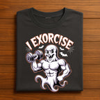 I Exorcise Shirt, Muscular Ghost Lifting Dumbbell Gym Tee, Spooky Workout Fitness Costume for Gym Rats & Lifters, Funny Halloween Gym Shirt