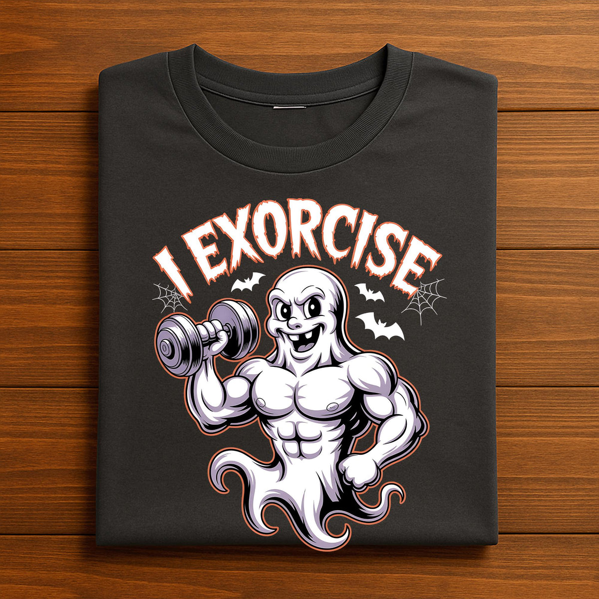 I Exorcise Shirt, Muscular Ghost Lifting Dumbbell Gym Tee, Spooky Workout Fitness Costume for Gym Rats & Lifters, Funny Halloween Gym Shirt