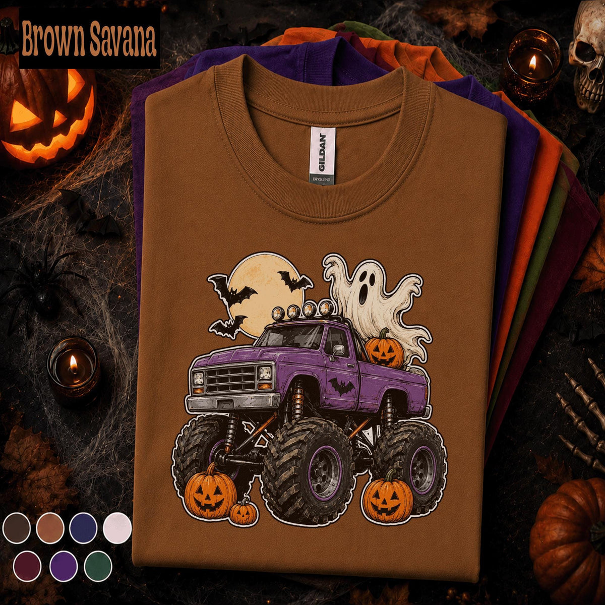 Halloween Monster Truck Shirt, Purple Pickup Ghost Tee, Pumpkin Truck T Shirt, Spooky Off Road, Kids Youth Boys Halloween Gift Truck Lovers
