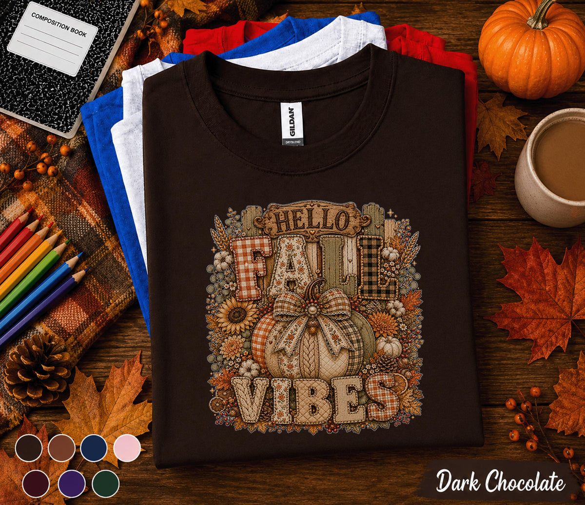 Hello Fall Vibes Shirt, Cozy Autumn Pumpkin Tee, Rustic Thanksgiving Sweatshirt, Plaid Pumpkin Bow Shirt, Cute Harvest Season Gift for Women