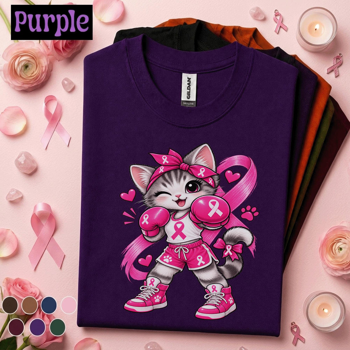 Breast Cancer Awareness Shirt, Cute Boxing Cat Pink Ribbon Tee, Cancer Fighter Support Shirt, Pink October Warrior Gift for Women Tee