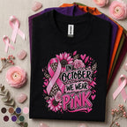 Breast Cancer Awareness Shirt, In October We Wear Pink Tee, Pink Ribbon Leopard Floral Shirt, Survivor Fighter Support Gift for Women