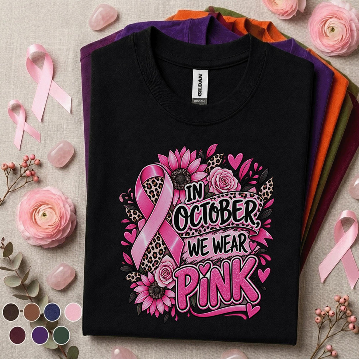 Breast Cancer Awareness Shirt, In October We Wear Pink Tee, Pink Ribbon Leopard Floral Shirt, Survivor Fighter Support Gift for Women