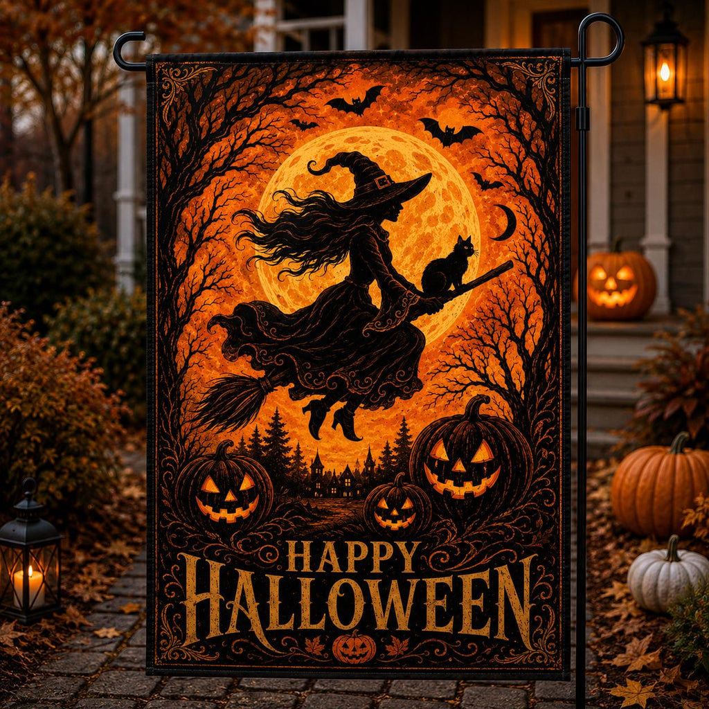 Witch Halloween Garden Flag, Flying Witch Full Moon Yard Decor
