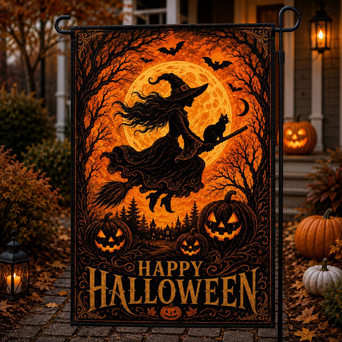 Witch Halloween Garden Flag, Flying Witch Full Moon Yard Decor