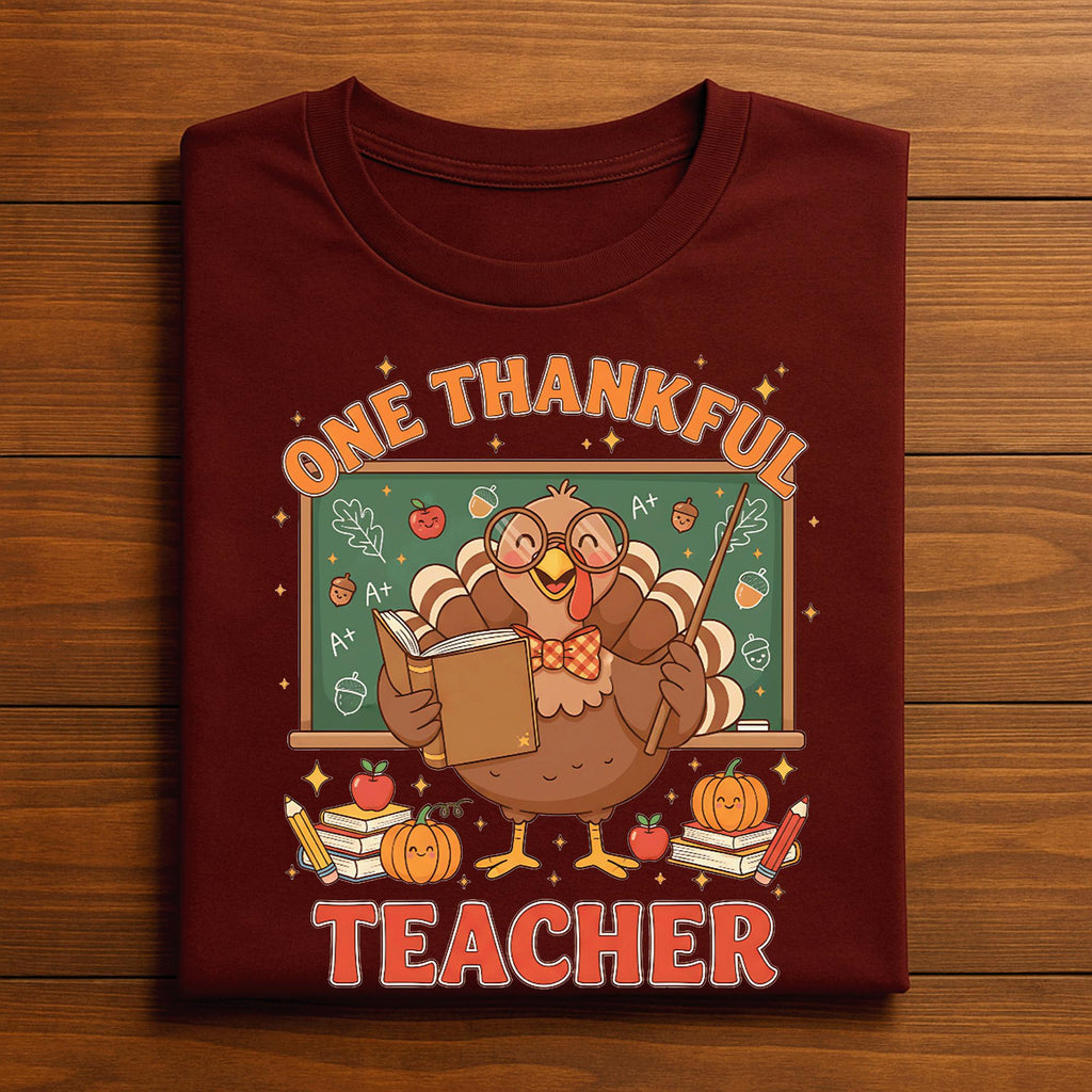 One Thankful Teacher Thanksgiving Shirt Autumn Pumpkin Leaves Cute Fall Outfit Tee, Gift Teacher Thanksgiving Sweatshirt