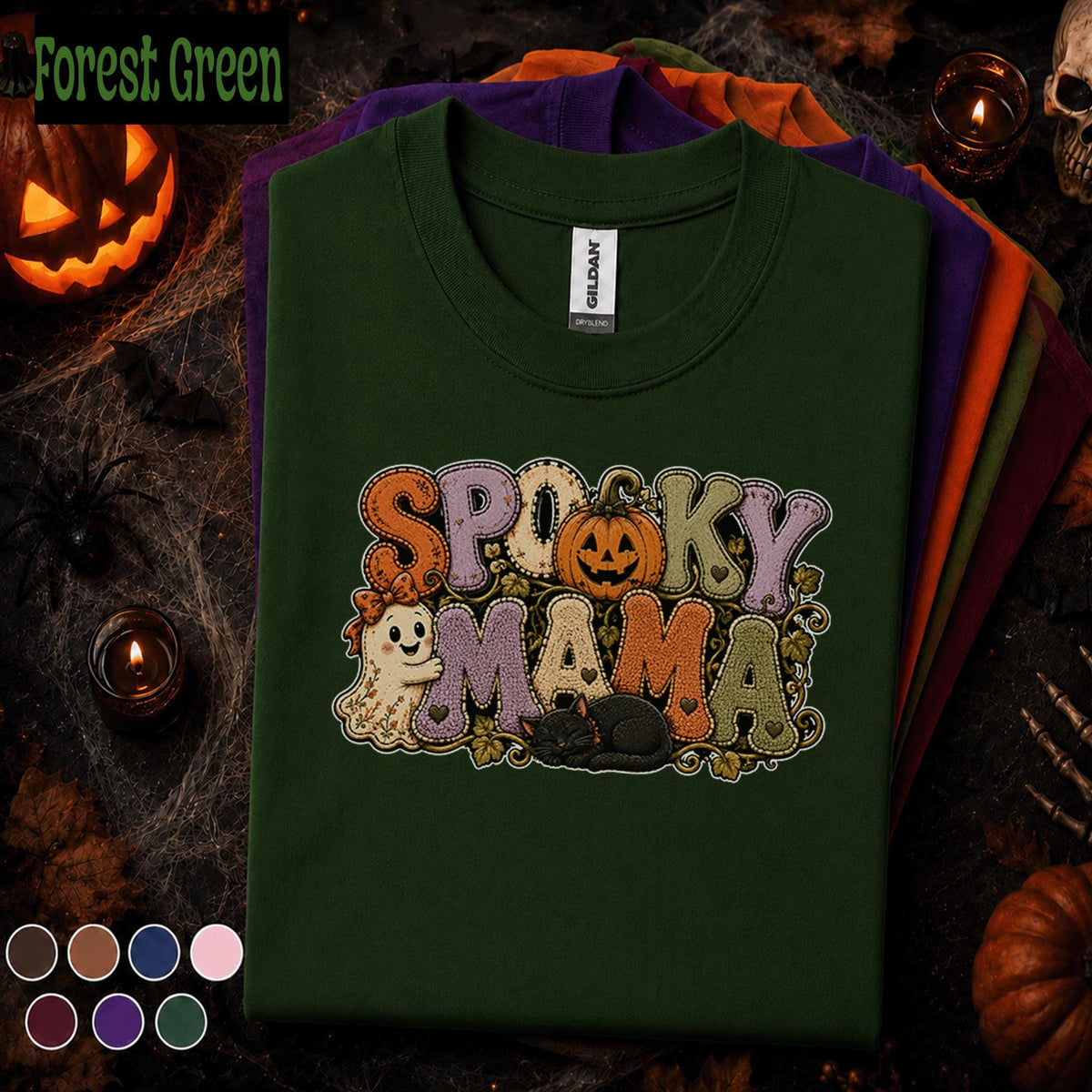 Spooky Mama Halloween Shirt, Cute Ghost Pumpkin Cat Tee, Retro Halloween Mom Shirt, Cozy Fall Spooky Season Gift for Mom