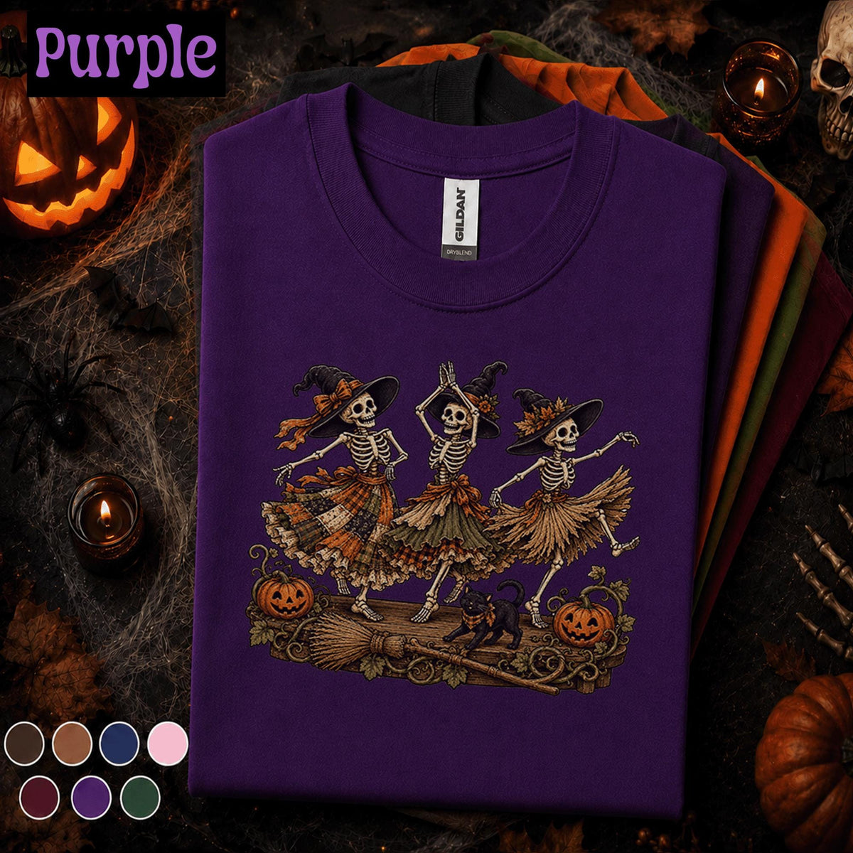 Dancing Skeleton Witch Halloween Shirt, Spooky Season T Shirt, Vintage Witchy Skeleton Tee, Pumpkin Black Cat, Gothic Fall Gift
