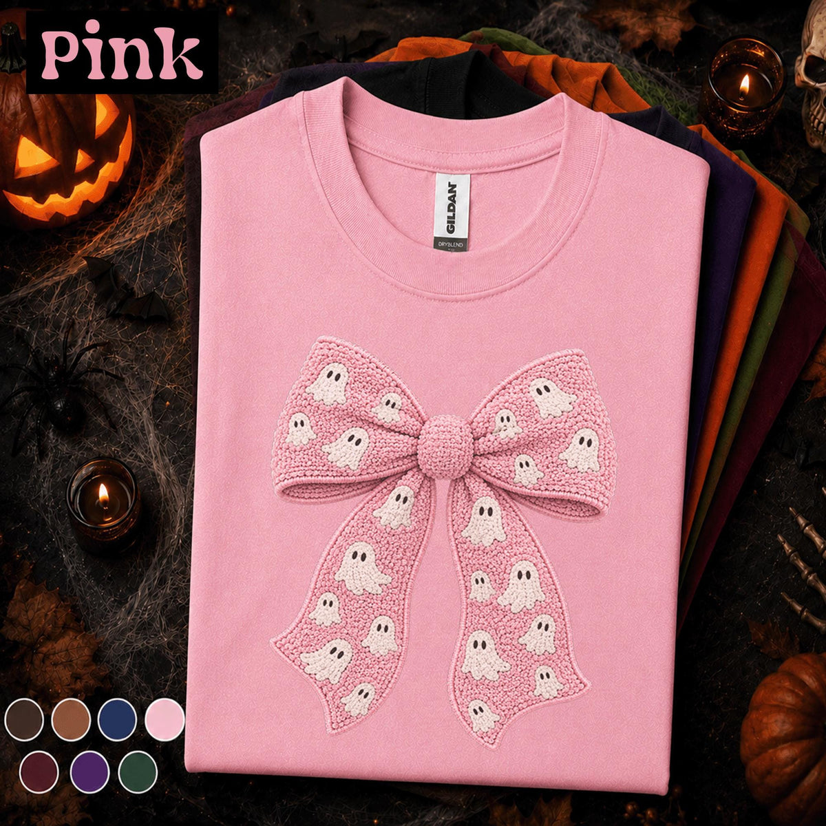 Pink Ghost Bow Halloween Shirt, Coquette Spooky Season Tee, Cute Crochet Ghost Shirt, Girly Halloween Bow Tee, Boo Gift for Women