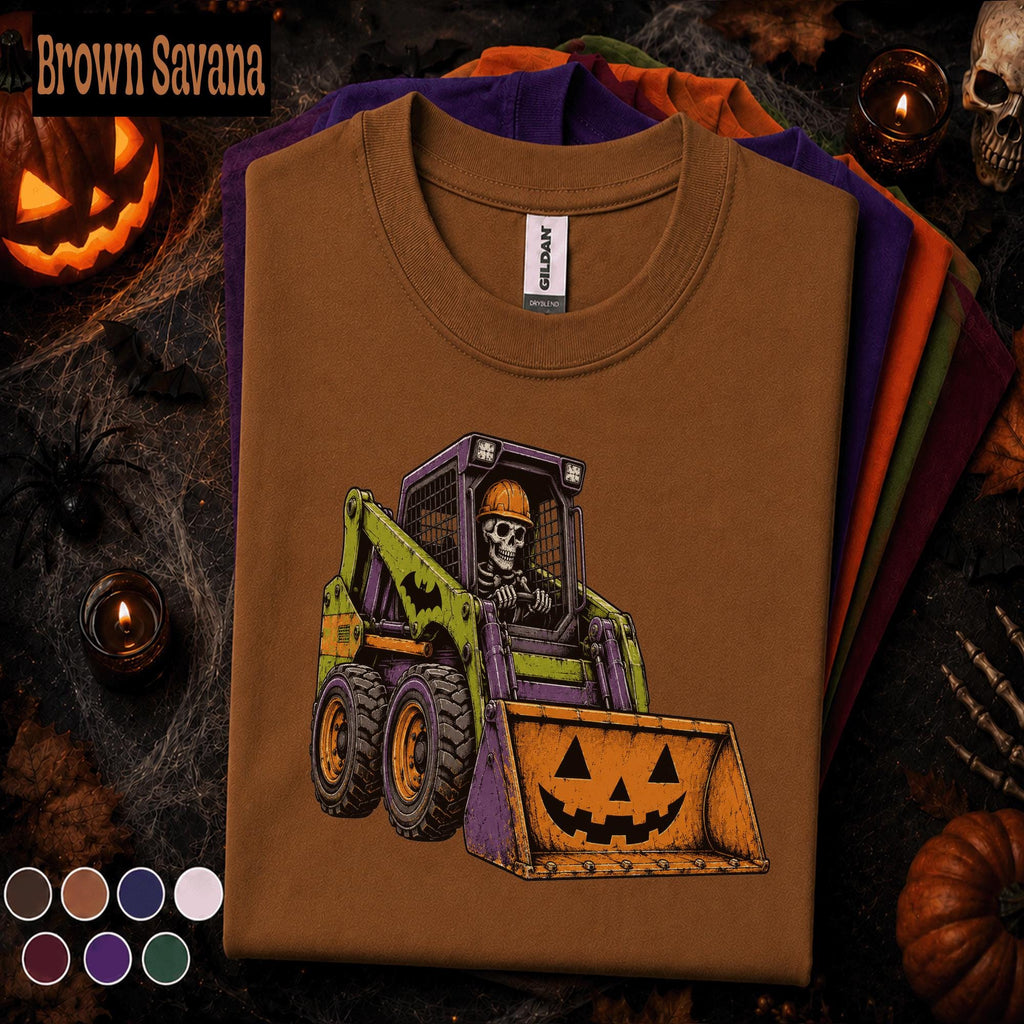 Skeleton Construction Halloween Shirt, Skid Steer Pumpkin Tee, Heavy Equipment T Shirt, Spooky Construction Worker Gift, Halloween Top