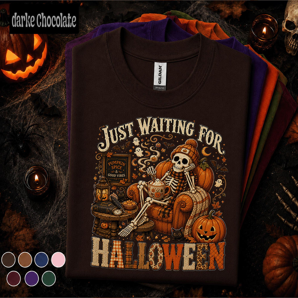 Just Waiting for Halloween Shirt, Skeleton Pumpkin Spice Tee, Cozy Spooky Season Shirt, Vintage Fall Halloween Lover Gift Tee