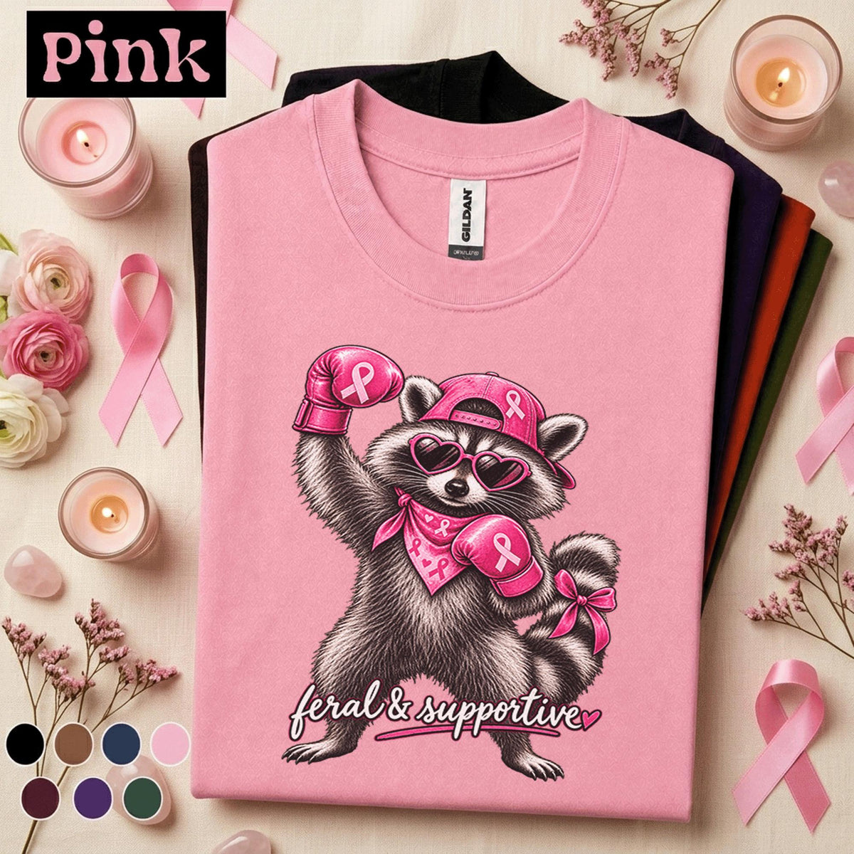 Breast Cancer Awareness Shirt, Feral and Supportive Raccoon Tee, Pink Ribbon Boxing Shirt, Funny Pink Out October Gift for Women