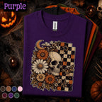 Floral Skull Halloween Shirt, Gothic Daisy T Shirt, Spooky Season Tee, Checkerboard, Celestial Witchy Fall Gift for Women