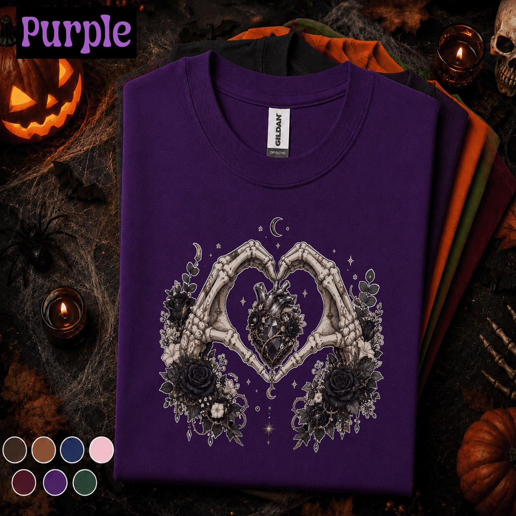 Gothic Skeleton Hands Halloween Shirt, Dark Floral Heart Tee, Black Rose Spooky Shirt, Witchy Goth Gift, Celestial Halloween Tee