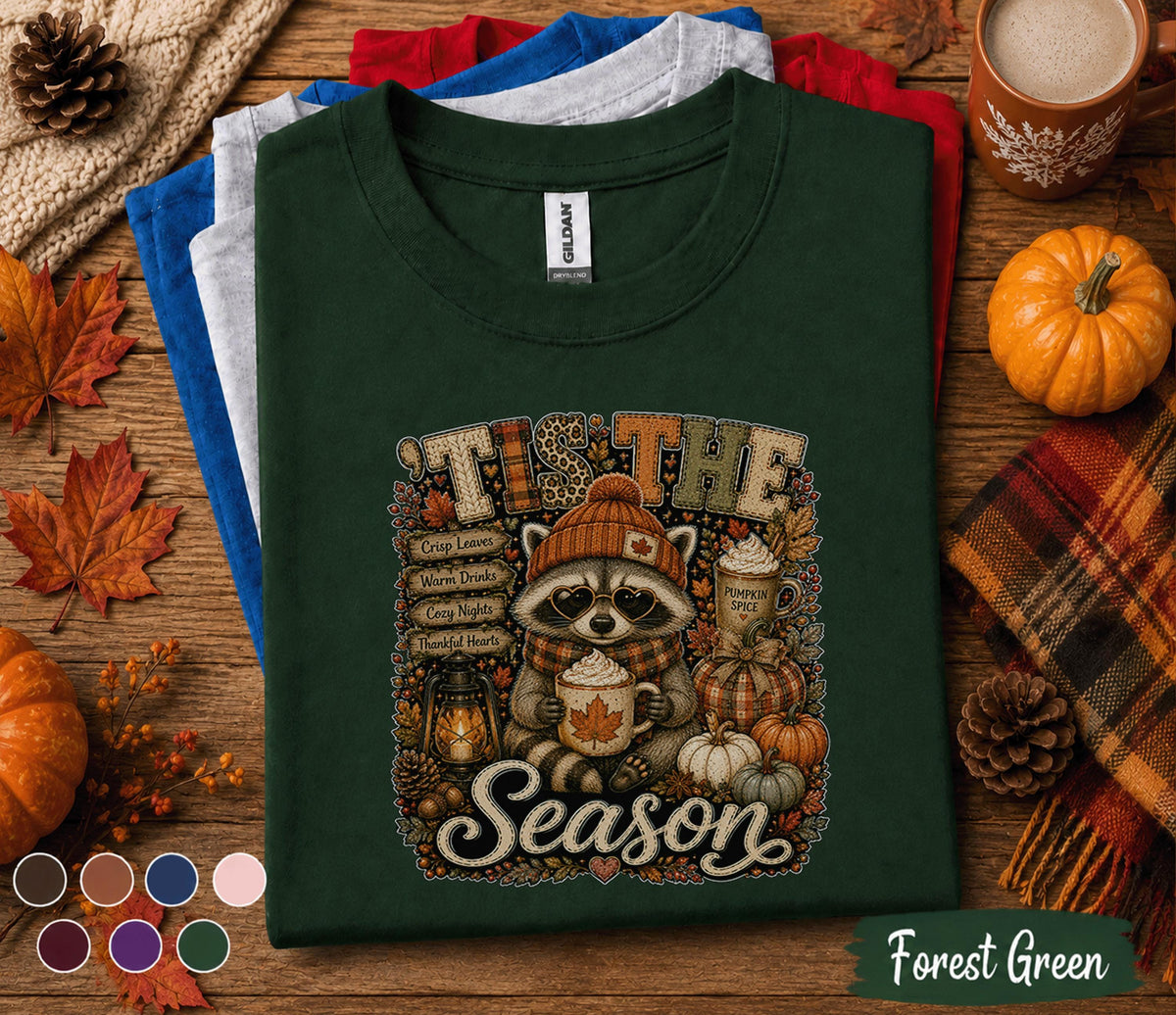 Tis The Season Raccoon Fall Shirt, Cute Autumn Raccoon Pumpkin Spice Tee, Cozy Fall Coffee Lover Shirt, Thanksgiving Harvest Tee