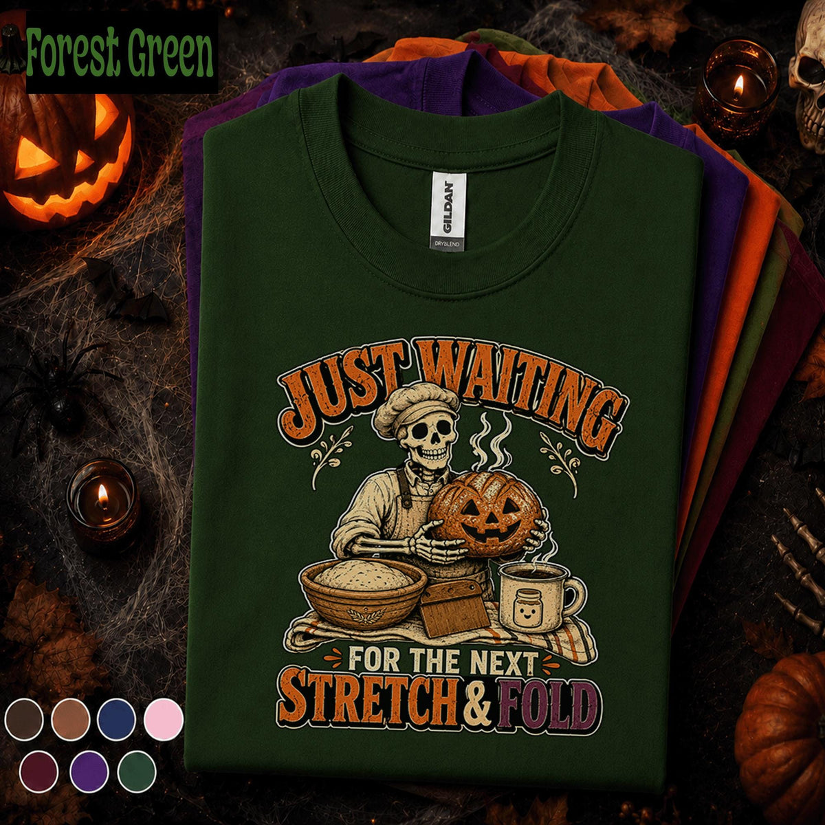 Funny Baker Halloween Shirt, Skeleton Baking Pumpkin Tee, Just Waiting for Next Stretch and Fold, Sourdough Baker Gift, Spooky Bread Tee