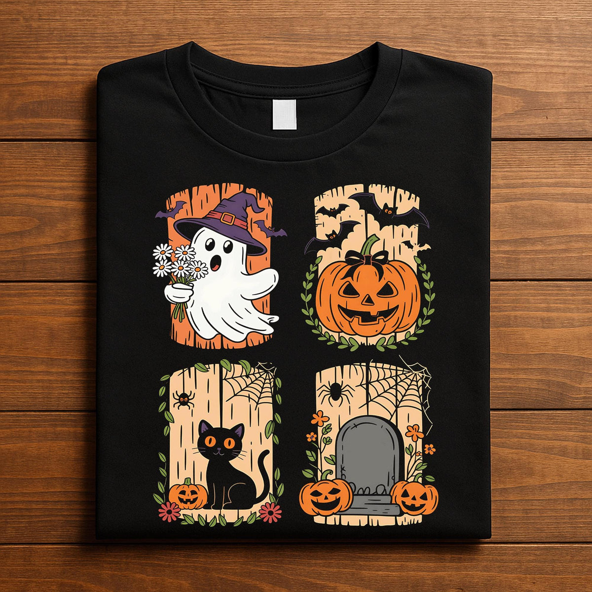 Halloween Ghost Pumpkin Cat Shirt, Cute Spooky Haunted Graveyard Tee with Ghosts Bats Pumpkins