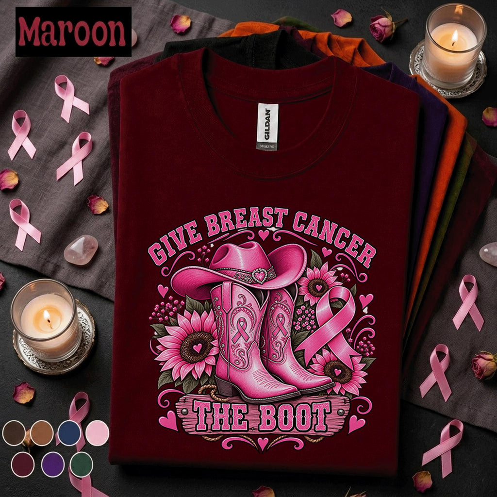 Breast Cancer Awareness Shirt, Give Breast Cancer the Boot Tee, Pink Ribbon Cowgirl Shirt, Western Cancer Fighter Gift for Women Mom