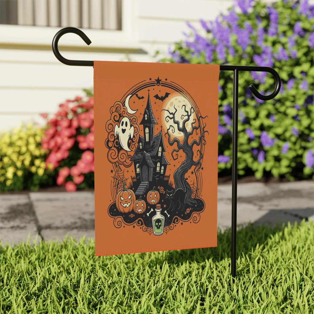 Vintage Halloween Garden Flag | Orange Black Cat Witch Yard Decor | Spooky Pumpkin BOO Banner, Halloween Decoration, Ghost Garden Flag